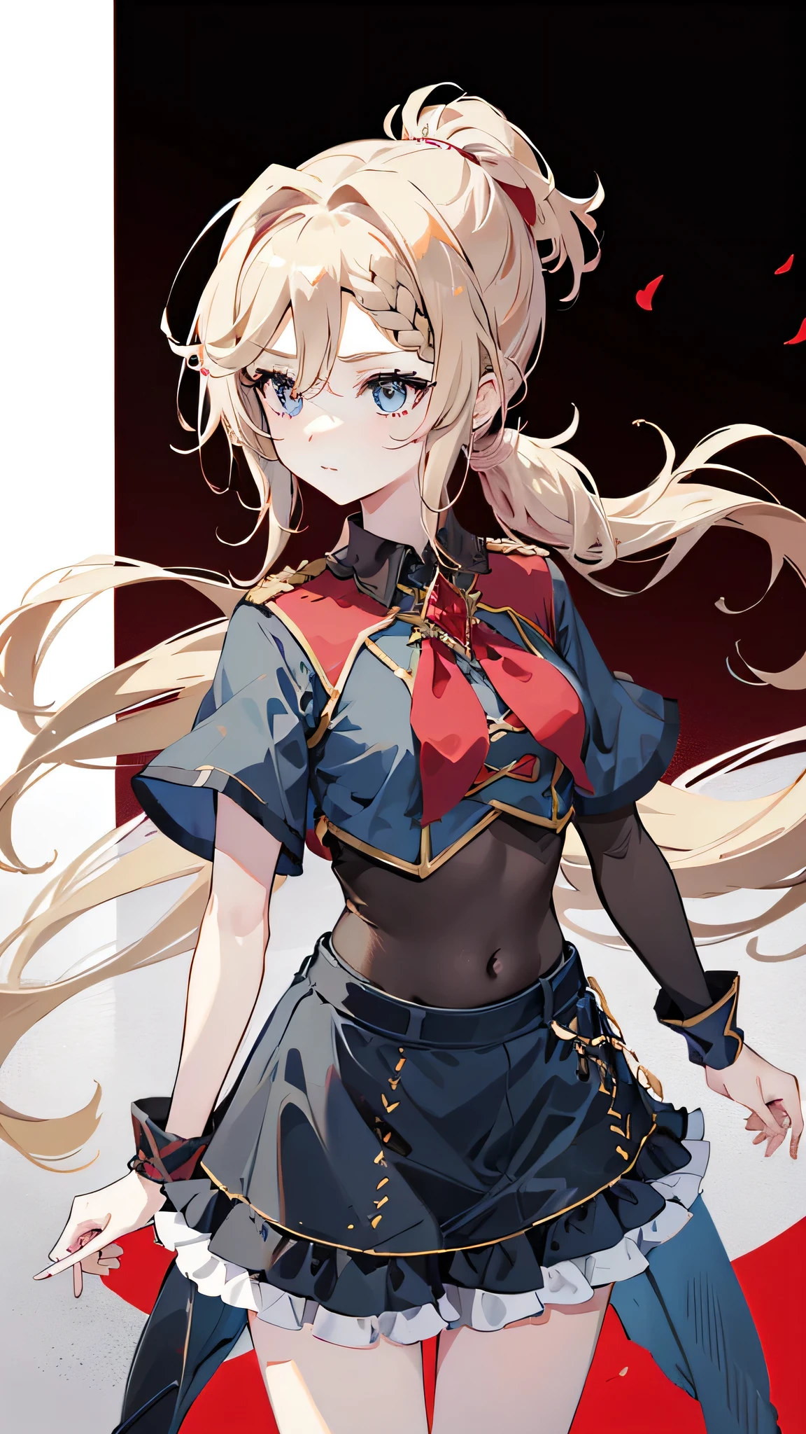 One girl, solo, Light blonde、Red Eyes、ponytail、Black dress、Red ribbon、White background