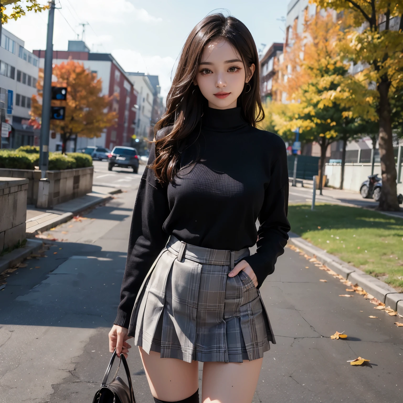 Bear and girl、Crisp eyebrows、pale gray hair、Semi-long hair、Long sleeve knitted clothes（White stripes）、hot pants（black）、Knee-length boots with laces（black）、whole body、Stand with your feet apart、Laugh fearlessly、Hanging eyes、
