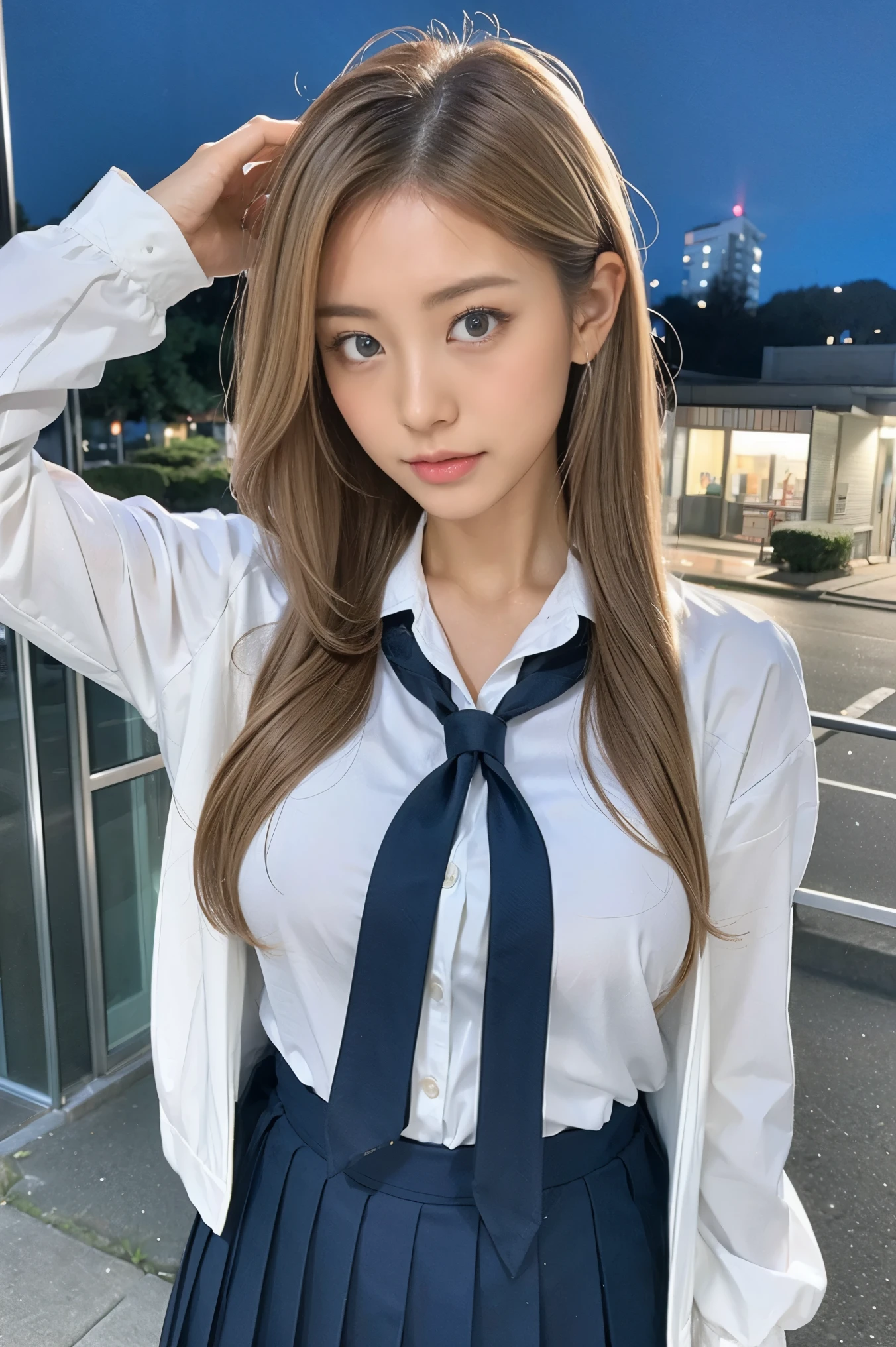 (1girl:1.4), (solo:1.4), 18-year-old,
BREAK
(blunt bangs:1.7), (long hair, pastel orange hair, dark-blue eyes, symmetric light-blue hairpins:1.5), (smile:1.2), sitting,
BREAK
sitting on desk, (school uniform), (white-shirt, dark-blue skirt, blue necktie:1.3), white socks,
BREAK
classroom, blackboard, sunset, desk,
BREAK
best quality, masterpiece, highly detailed CG unity 8k wallpaper,