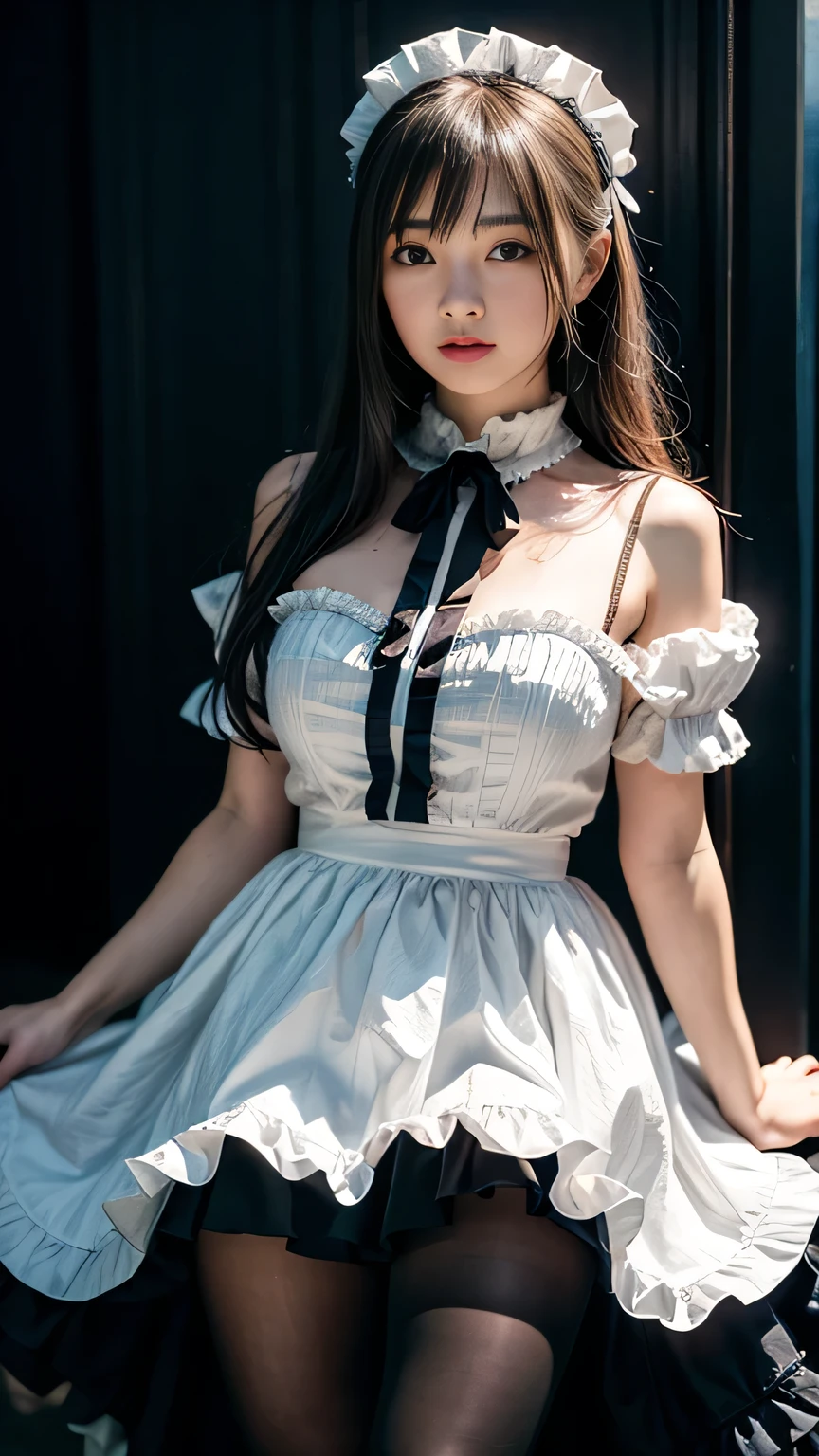8K, super high resolution, highest quality, masterpiece, ultra-realistic, photo, 1 girl, (16 years old: 1.3), cute face, beautiful details, (maid outfit: 1.5), (medium big tits: 1.2), (shiny eyes )) ((at basement)), stone wall, stone pavement,