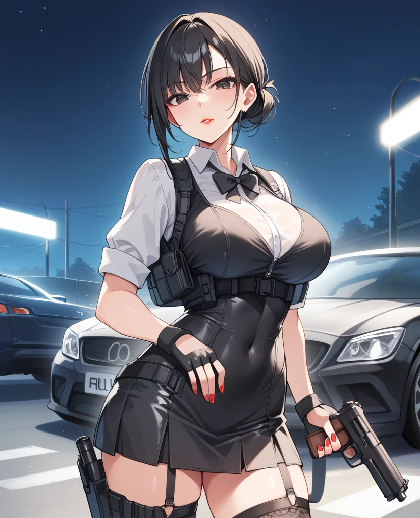 ((best quality, 8k, masterpiece: 1.3)), sharp: 1.2, Perfect body beauty: 1.4, Slim abdominal muscles: 1.2, ((short Hairstyle, Large Breasts: 1.2)), (wet White Button Long Shirt: 1.1), (Bulletproof police car, street: 1.2), wet: 1.5, Highly detailed face and skin texture, Delicate eyes, Double eyelids, Look sideways at the camera, White police uniform, tall and big, Army insignia, bulletproof vest, Intercom, Female soldier aiming pistol at camera, Armed at all points, Black leather pants, Special Forces, big hoops earrings