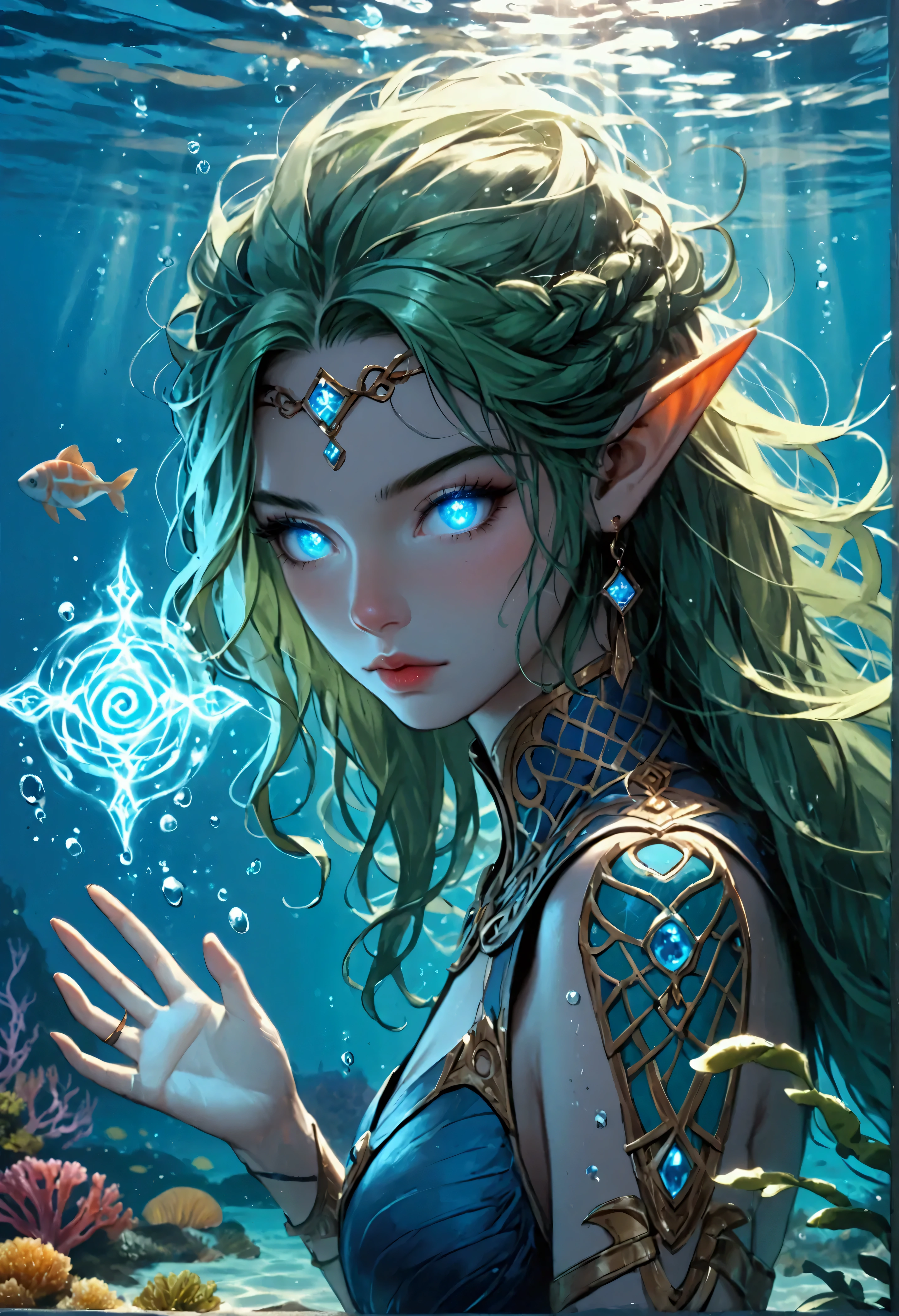 picture of a sea elf (intricate details, Masterpiece, best quality: 1.5) water mage casting ((water control spell)), water wizard ((water magic, intense magic details)), ((controlling a swirling mass of water)), magical symbols, female sea elf, full body, blue skin, green hair, long hair, swirling hair, intense eyes, small pointed ears, ((blue eyes)), ((glowing eyes)), armed with magical wand, wearing sea shell clothing, beautiful elf, underwater background, rich underwater life, ((magical atmosphere)), fish and sea weeds, high details, best quality, 16k, [ultra detailed], masterpiece, best quality, (extremely detailed), dynamic angle, ultra wide shot, RAW, photorealistic, fantasy art, dnd art, rpg art, realistic art, an ultra wide  high details, best quality, highres, fflix_ufantasy, FlshfrGR