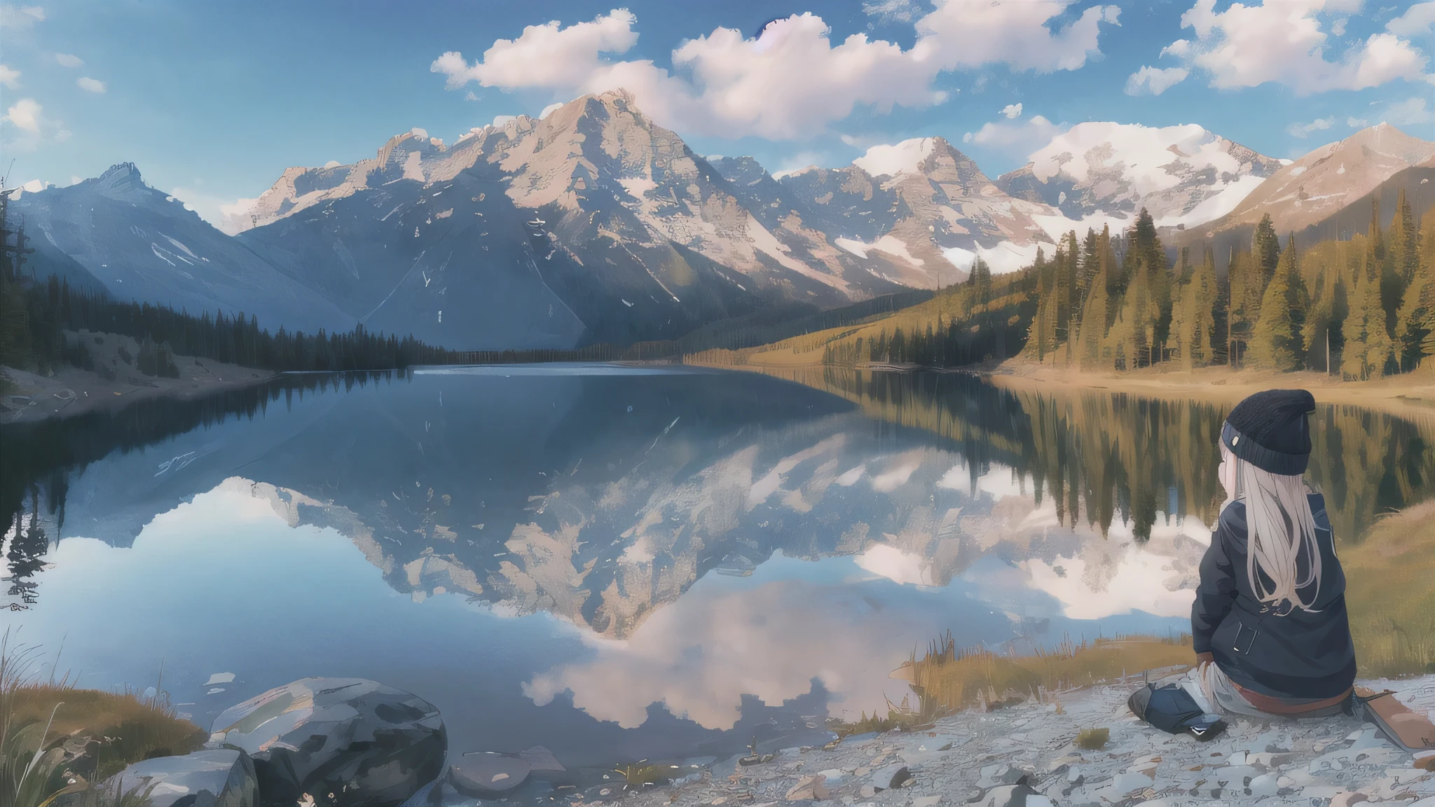 mountain, lake, sitting, from behind, looking up, beanie