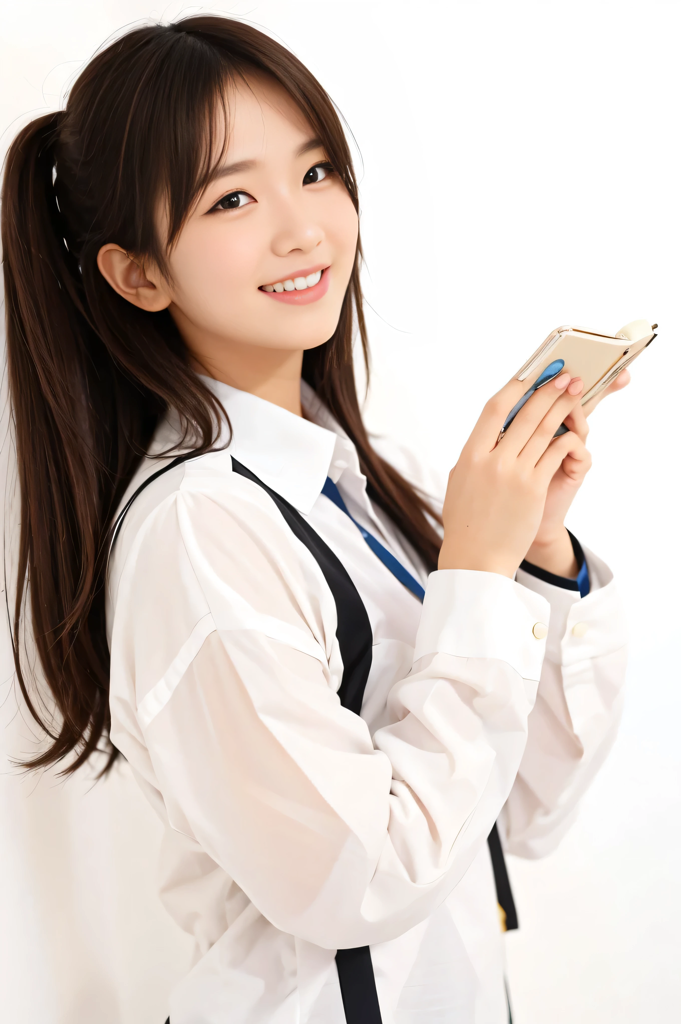 Standing, closeup, smile, white background 