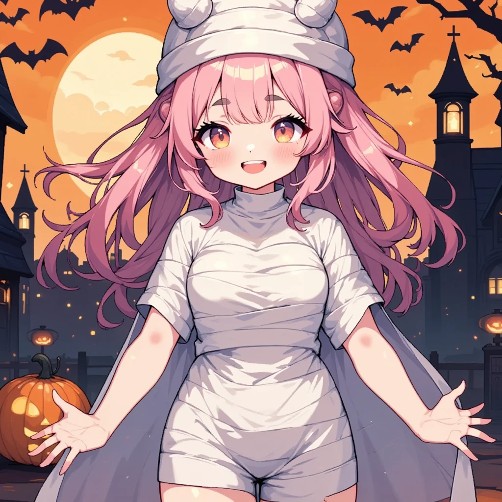 (High resolution, Attention to detail, high quality, High resolution, 最high quality, 4K, 8k, Awards), Sheep, One girl, Pink, fluffy, cotton-candy-like hair, Thick eyebrows:1.2, Wrapping bandages around the body to look like a mummy, Bandage the face, Ghost Pose, Smiling face, &quot;Ihit&quot; she said, laughing cutely., Halloween pop background, Bats, pumpkin, Black church silhouette