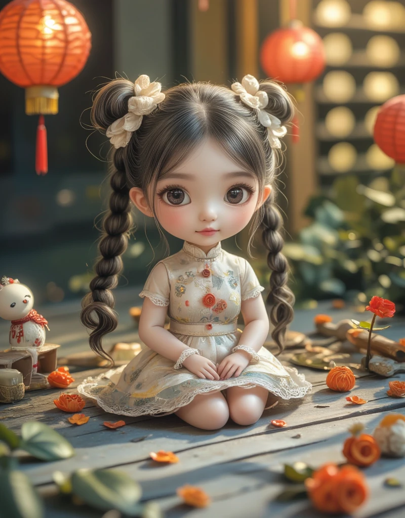 Eyes are very fragile，Double ponytail cheongsam，Chinese New Year Decorations（（Smile artwork）））， （（Best quality））， （（Intricate details））， （（Surrealism））（8K）