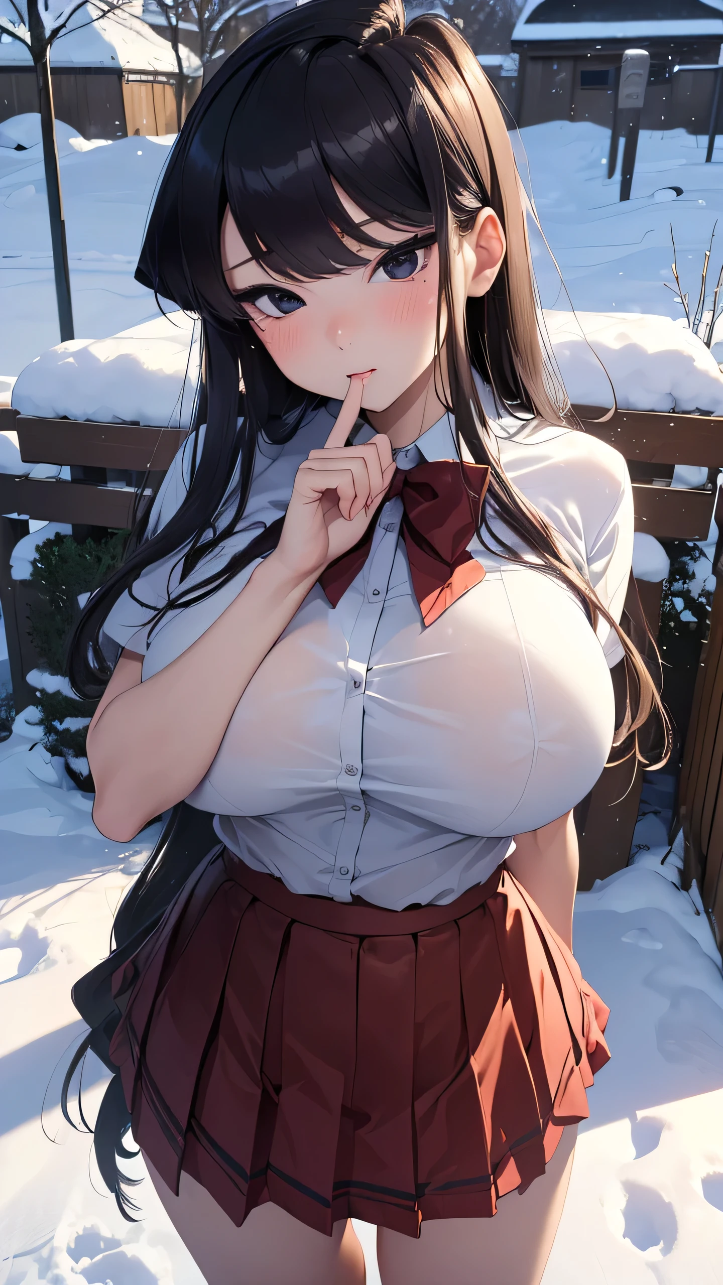 (masterpiece, best quality:1.2), highres, skin detail, face detail, ((lustrous_skin:1.4)), skindentation, Komi Shouko, ****, School shirt, school skirt ((gigantic breasts:1.2)), (innocent_big_eyes:1.0), light_blush, winter, snow, outdoor, garden, cute, ((sexy pose, seductive pose, erotic pose)), cowboy shot,