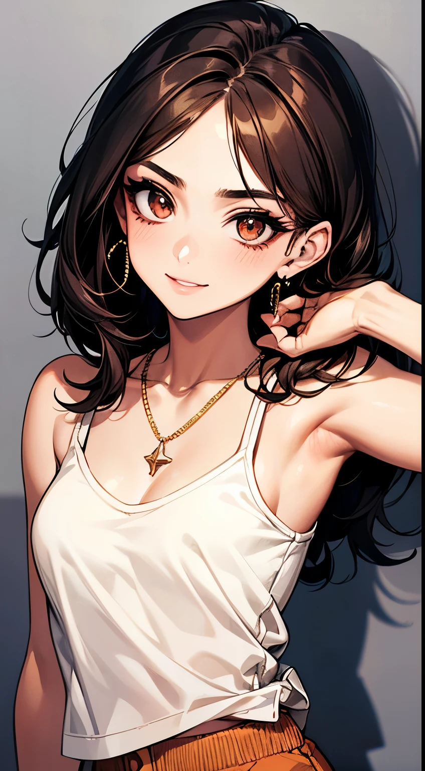 Close up shot of a sultry, stunning woman with a captivating gaze and flawless makeup, childhood best friend glowing up, accentuated by her black tank top and black short shorts, showcasing her alluring figure with thick thighs and wide hips, exuding a provocative aura.