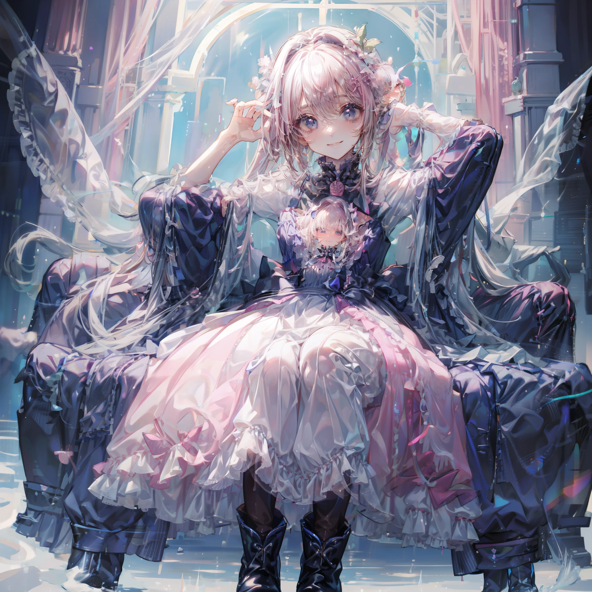 Anime Style、story、、beautiful girl、とてもcute天使、Pink Gothic Dress、cute、、smile、Long skirt、Black long boots、Very cute headband