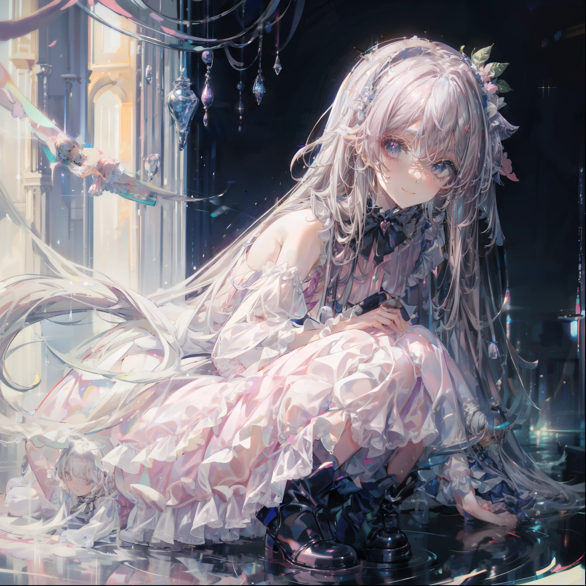 Anime Style、story、、beautiful girl、とてもcute天使、Pink Gothic Dress、cute、、smile、Long skirt、Black long boots、Very cute headband