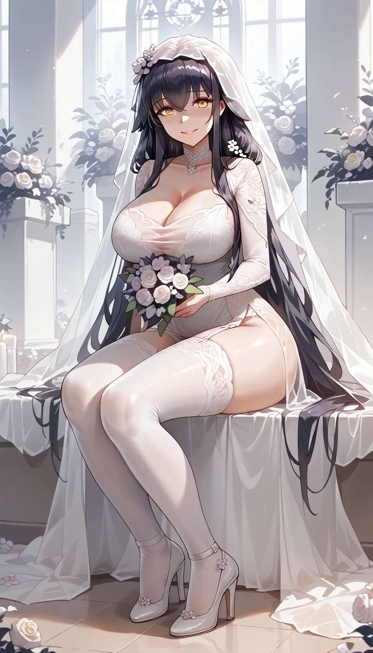 1girl, azuma \(azur lane\), (best quality), ((masterpiece)), (highres), 16K, perfect face, yellow eyes, black hair, long hair, hair ornament, wearing wedding dress, wearing white thighhighs, high heels, busty body, large breasts and a beautiful ass, showcasing cleavage, legs, hips, looking at viewer, smile, detailed full body, thigh details, church background