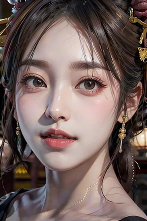 Fashion model 20 years old [[[[Close-up cleavage]]]], [[[[breast]]]], [[[[Cole]]]], [[[[Shoulder]]]], Perfect eyes, Perfect Iris，Perfect lips，Perfect Teeth，Perfect skin，Pulling a long face，Soft headlight，Human Development Report，girl，Random，night，lantern，moon，The background is indoors，（Pastel colors：1.2）