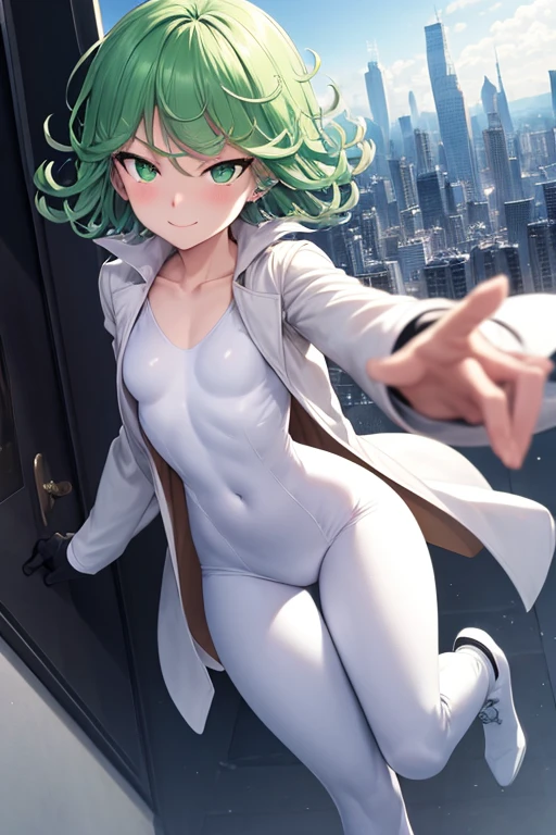 Masterpiece, best quality, ultra detailed, illustration, lighting epic, cinematic composition, 1 girl, Tatsumaki, short hair, green hair, very small breasts, green eyes, bright eyes, smiling, blushing, closed mouth, piercing gaze, full body, long beige trench coat, open trench coat, black fingerless gloves, white shirt, white nanotechnology suit, white pants, white knee pads, metallic white boots, nanotechnology in the air, city background, anime
