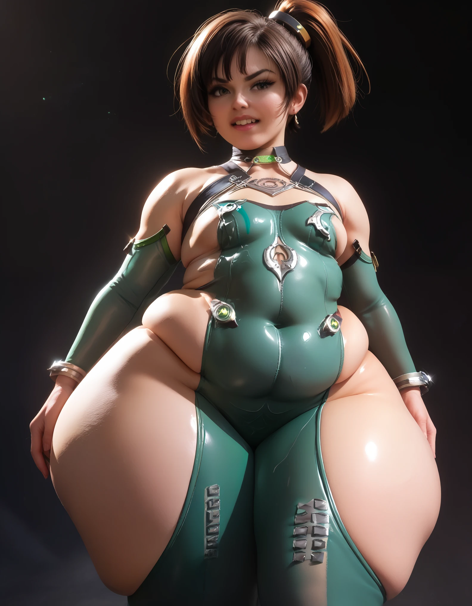 Eve from stellar blade wearing a skinbodysuit
bodysuit, , soft fat torso, long skinny legs, ruined sewer background, light shafts in the darkness, soft belly rub, hugh definition, extreme details, small chest, green skinbodysuit,  cute and happy emotions, determined and focused emotions, (hyper large thighs and hips) (fat arms), (double chin)