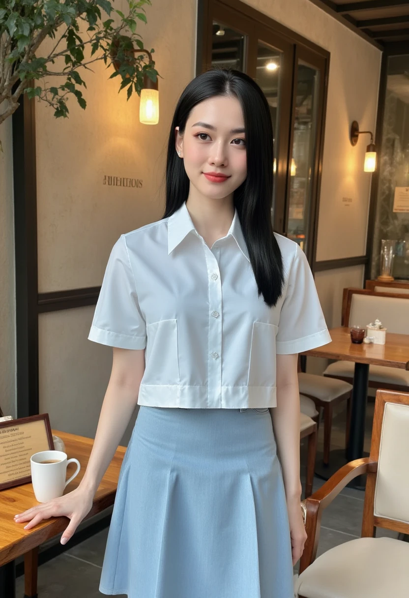 Photography, realistic, cowboy shot of a asian girl wearing blue shirt and skirt standing inside a cafe, smiling