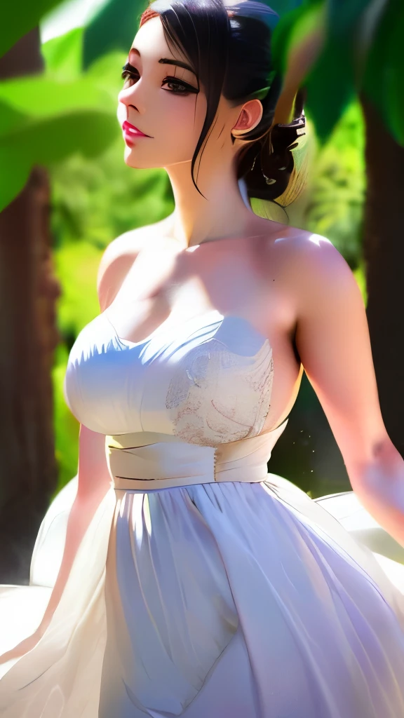 (sweat:0.7),Light yellow wedding dress,white short skirt,woman,,exquisite face, beautiful face,bare shoulders,shoulders slightly exposed,translucent skin,black eyes,black hair,(photorealistic:1.4),realistic details, high resolution,bokeh,outstanding details