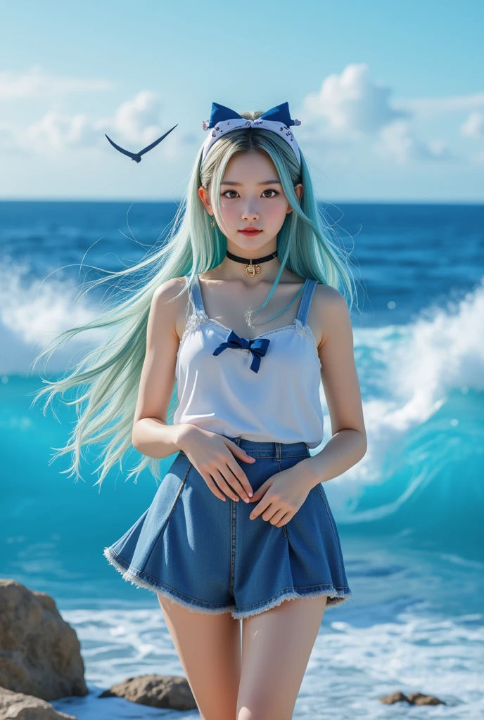 a girl, solo, long hair, multicolored hair, blue hair, looking at viewer, skirt, ocean, bowtie, hair ribbon, ribbon choker, anchor symbol.
dynamic movement, full body, photorealistic, Professional, perfect composition, intricate details, ultra-detailed