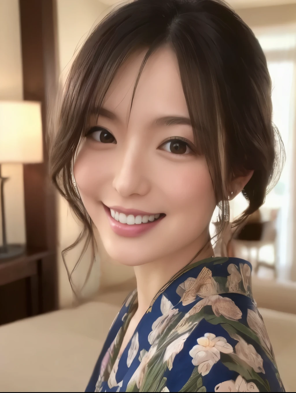 (best quality,highres,ultra-detailed),((portrait )),1beautiful Japanese lady,beautiful detailed eyes,((smiling)),beautiful detailed lips,extremely detailed face,longeyelashes,soft smile,flowing hair,natural lighting, wearling japanese elegant Kimono,in Hotel room, 