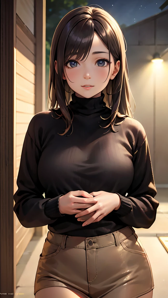 ((Highest quality、masterpiece、8k、Realistic、超High resolution、Very delicate and beautiful、High resolution、Cinema Lighting))、hourglass figure:1.6、Large Breasts 、(Long reddish brown hair 、Hazel Eyes)、((A black pullover that reveals part of her midsection, Grey pencil skirt + Black tights + White hair band:1.8, Black belt around the waist))