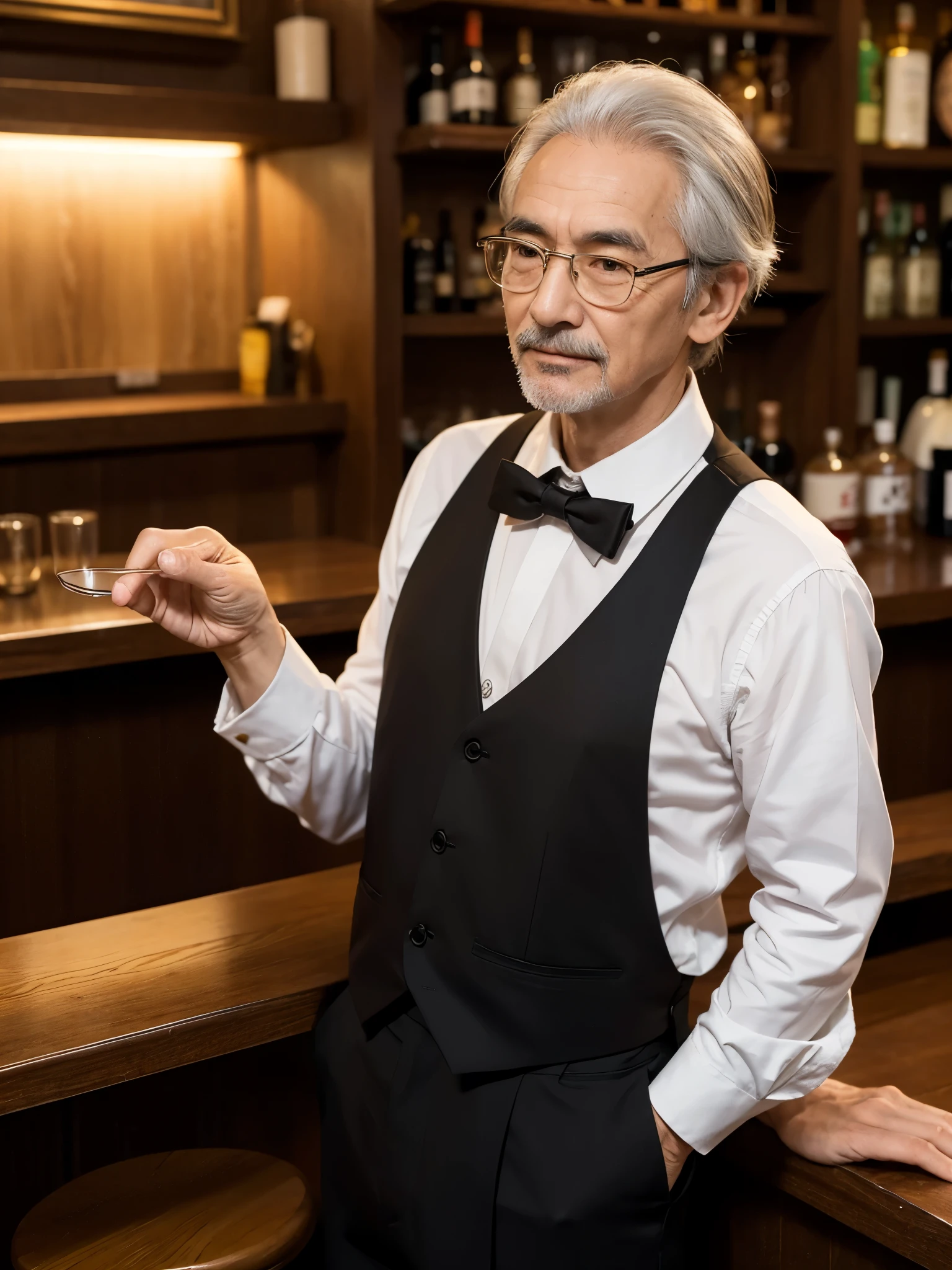 asian, <lora:houseman:0.85>,glasses,housemanku,A seasoned bartender at a bar counter, skillfully mixing a cocktail. The bartender is an older individual, with a wise and experienced appearance, dressed in classic attire. The bar is well-stocked with various bottles, glasses, and bartending tools. The scene should be as realistic as a high-resolution photograph, with warm and inviting lighting that highlights the bartender's craftsmanship and the rich textures of the bar environment