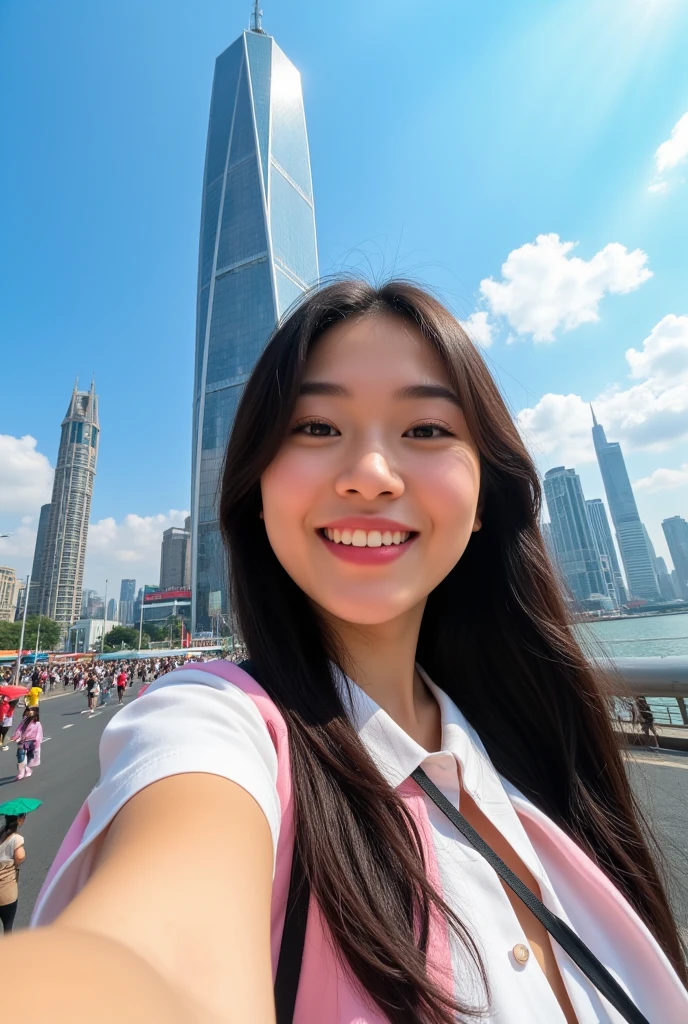 The background of this photo is the Chengdu International Finance Square, and the foreground is the bustling Bund. In the foreground, a cartoon style Chinese woman is taking a selfie. This lady has long dark hair. The picture is captured on a sunny day. This perspective view captures a panoramic view of the Chengdu International Finance Square.
﻿
full body, Professional, perfect composition, ultra-detailed, intricate details