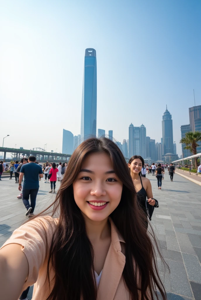 The background of this photo is the Chengdu International Finance Square, and the foreground is the bustling Bund. In the foreground, a cartoon style Chinese woman is taking a selfie. This lady has long dark hair. The picture is captured on a sunny day. This perspective view captures a panoramic view of the Chengdu International Finance Square.
﻿
full body, Professional, perfect composition, ultra-detailed, intricate details