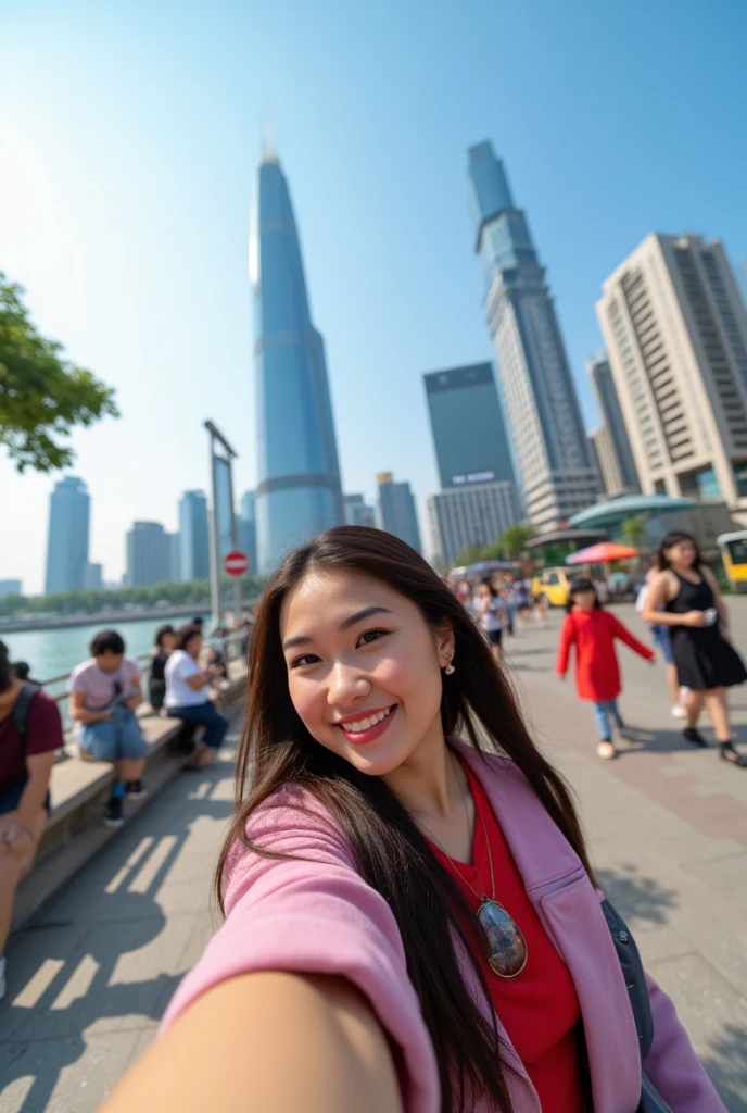 The background of this photo is the Chengdu International Finance Square, and the foreground is the bustling Bund. In the foreground, a cartoon style Chinese woman is taking a selfie. This lady has long dark hair. The picture is captured on a sunny day. This perspective view captures a panoramic view of the Chengdu International Finance Square.
﻿
full body, Professional, perfect composition, ultra-detailed, intricate details