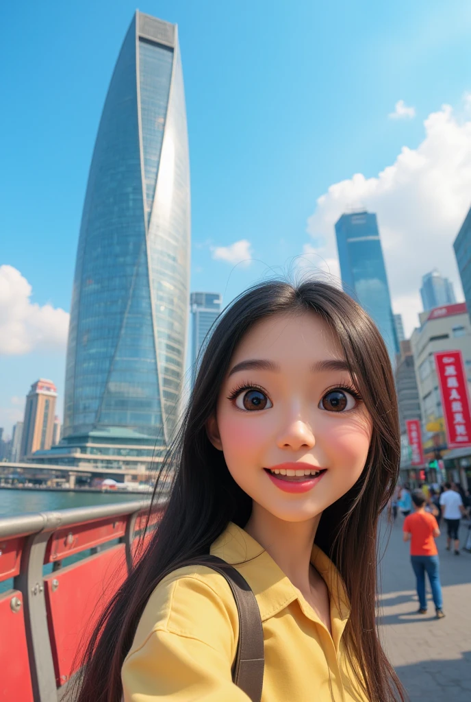 The background of this photo is the Chengdu International Finance Square, and the foreground is the bustling Bund. In the foreground, a cartoon style Chinese woman is taking a selfie. This lady has long dark hair. The picture is captured on a sunny day. This perspective view captures a panoramic view of the Chengdu International Finance Square.
﻿
full body, Professional, perfect composition, ultra-detailed, intricate details