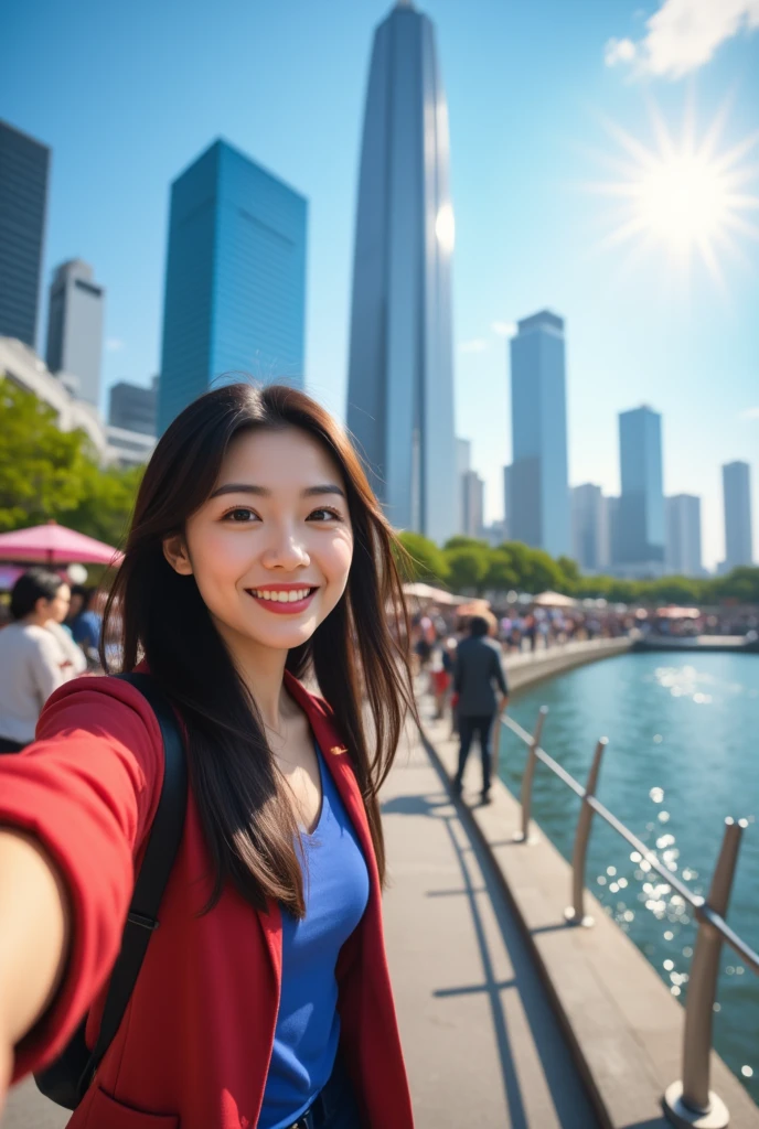 The background of this photo is the Chengdu International Finance Square, and the foreground is the bustling Bund. In the foreground, a cartoon style Chinese woman is taking a selfie. This lady has long dark hair. The picture is captured on a sunny day. This perspective view captures a panoramic view of the Chengdu International Finance Square.
﻿
full body, Professional, perfect composition, ultra-detailed, intricate details