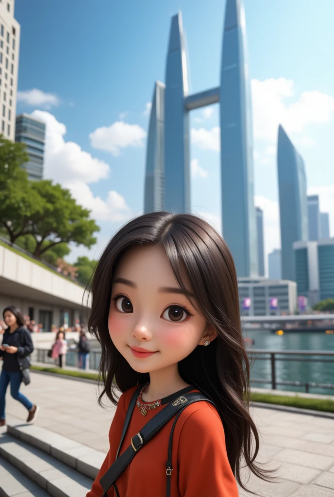 The background of this photo is the Chengdu International Finance Square, and the foreground is the bustling Bund. In the foreground, a cartoon style Chinese woman is taking a selfie. This lady has long dark hair. The picture is captured on a sunny day. This perspective view captures a panoramic view of the Chengdu International Finance Square.
﻿
full body, Professional, perfect composition, ultra-detailed, intricate details