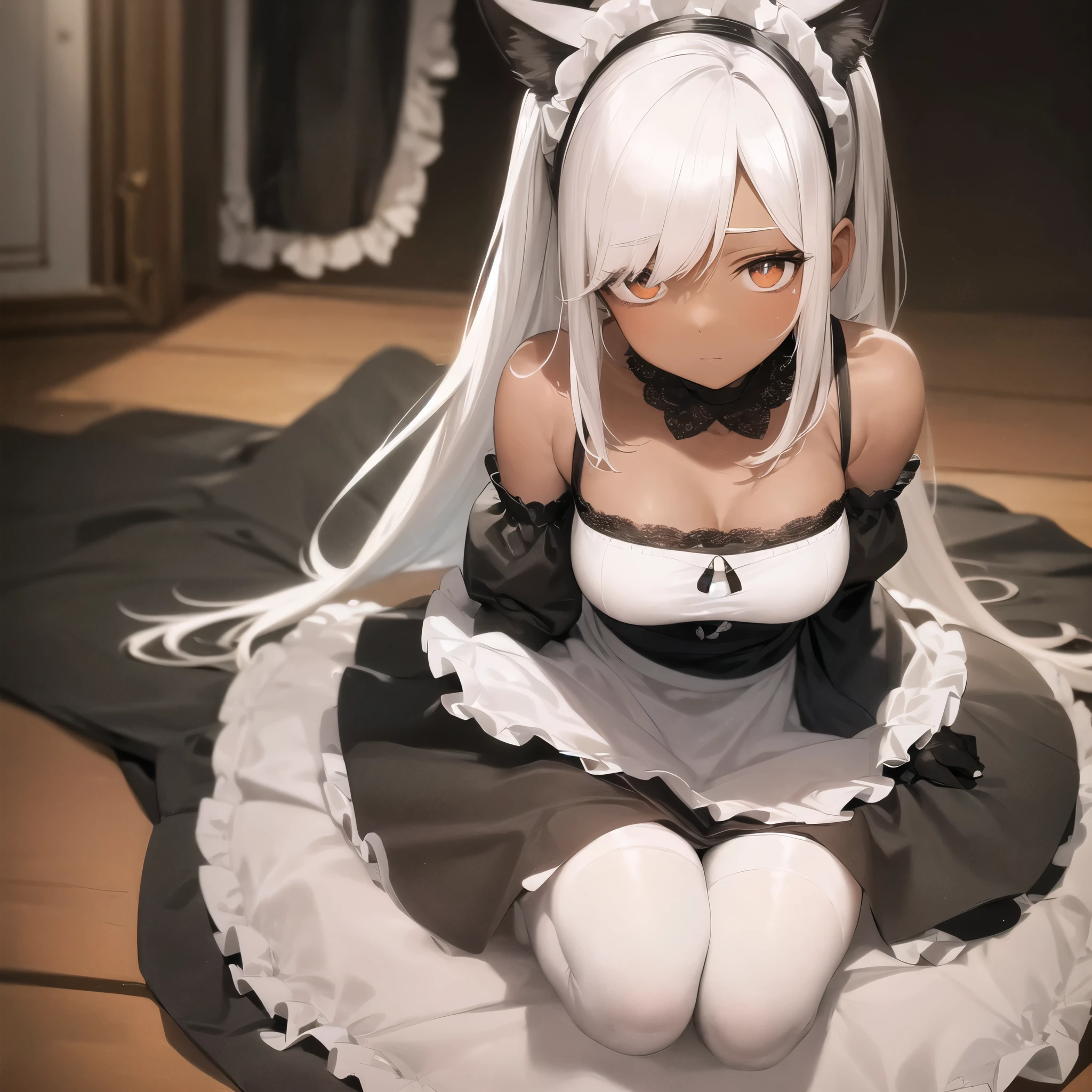 Anime girl with white hair and cat ears, ruby eyes, shy, blush, Medium chest, barefoot,, high contrast, soft light, masterpiece, extraordinary nice,maid