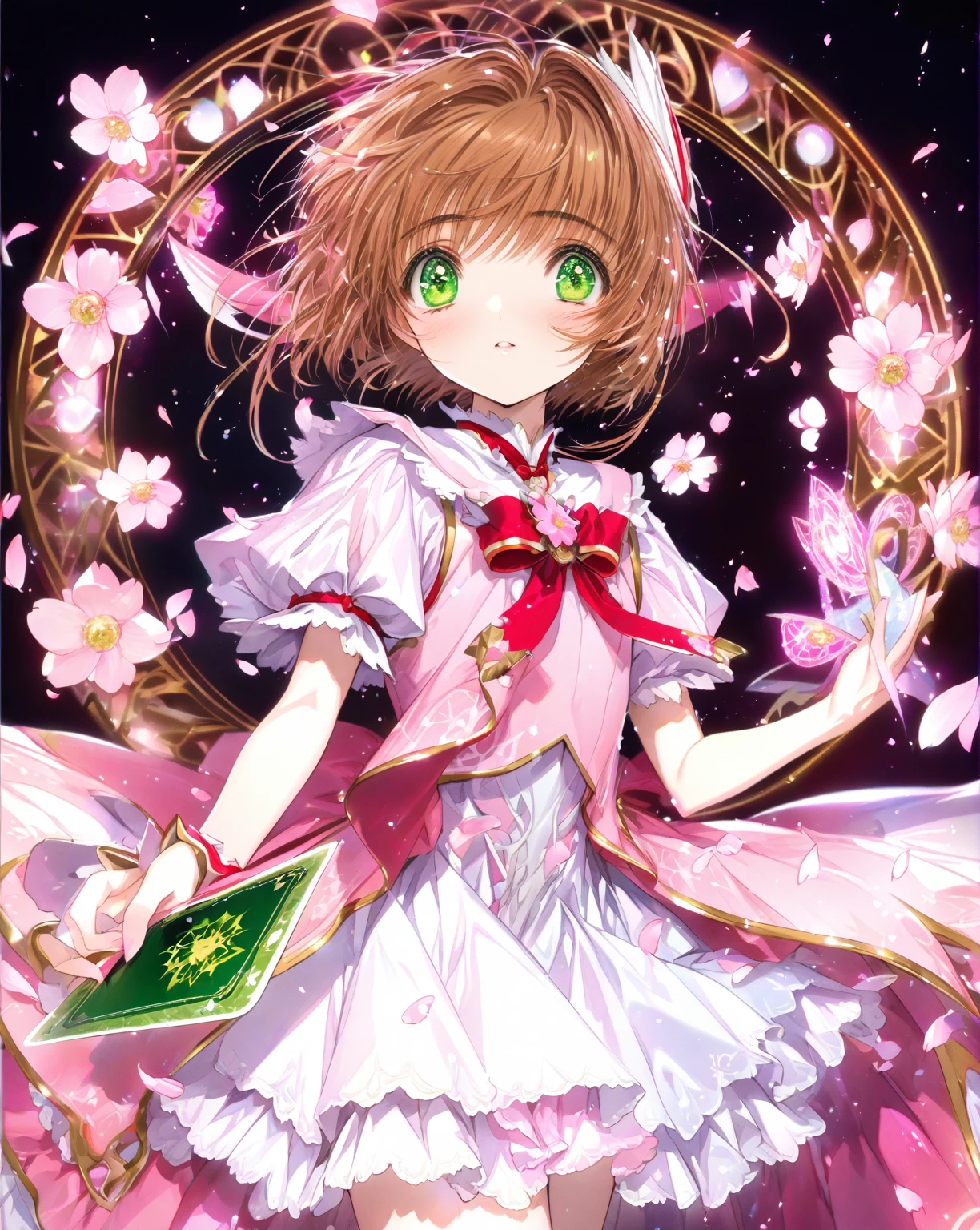 absurdres, highres, ultra detailed, HDR, master piece, Kinomoto Sakura, brown hair, short hair, expressive green eyes, woman, best quality, Sakura Card Captor , solo, sensual, extremely beautiful, petals, pink dress, detailed face, glittering eyes, detailed eyes, pink magical circle, accessories, pink flowers, pink starry sky, pink powers, card