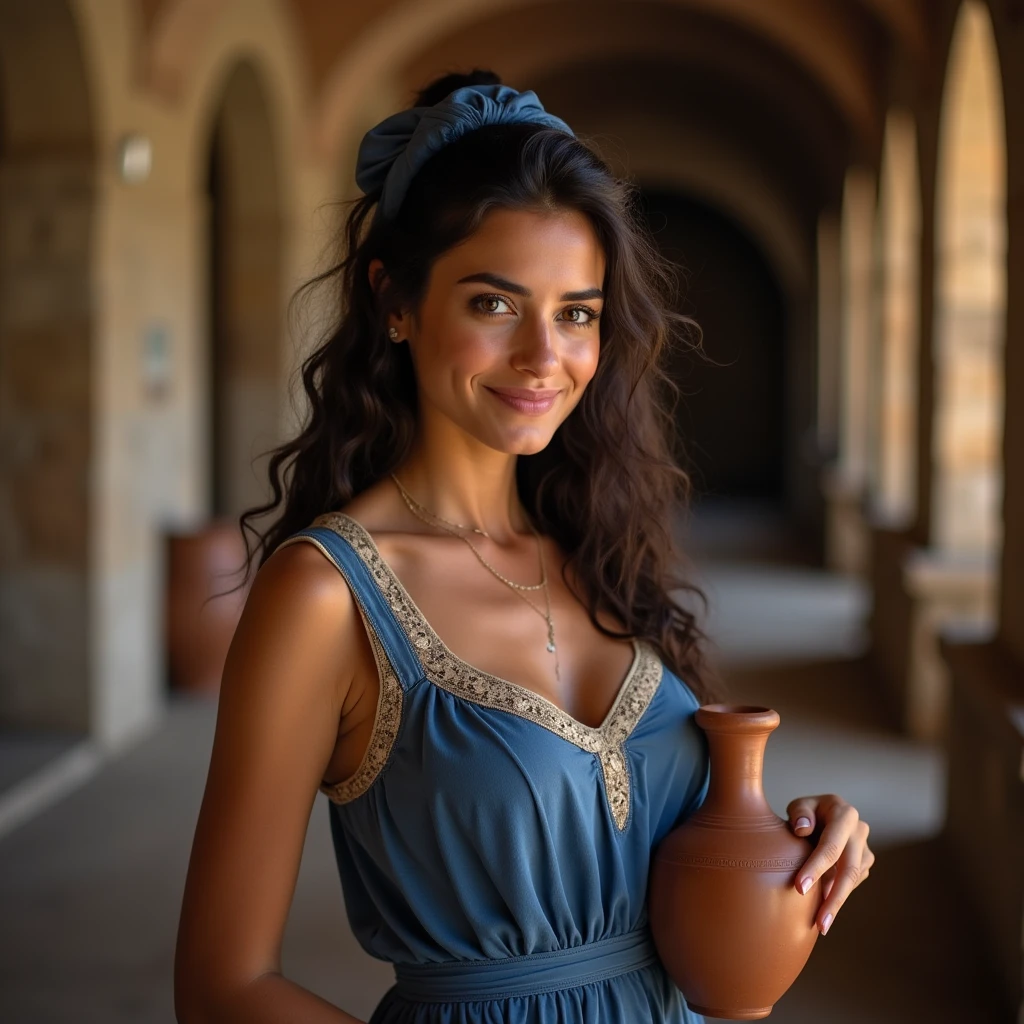 Macedonian woman standing, (northern macecoid), ((in the city of Skopje)), jolie corps, nice face, smirk, beautiful dress, sunbathing, (((grande place de Skopje))), (statue d'alexandre le grand)