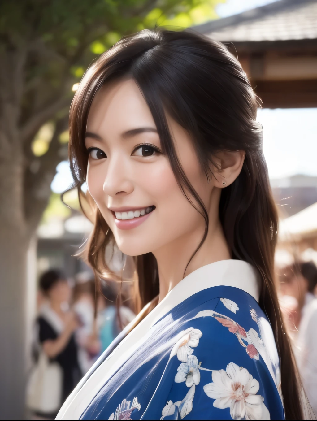 (best quality,highres,ultra-detailed),((portrait )),1beautiful Japanese lady,beautiful detailed eyes,((smiling)),beautiful detailed lips,extremely detailed face,longeyelashes,soft smile,flowing hair,natural lighting, wearling japanese elegant Kimono,in street Festival in Japan, 