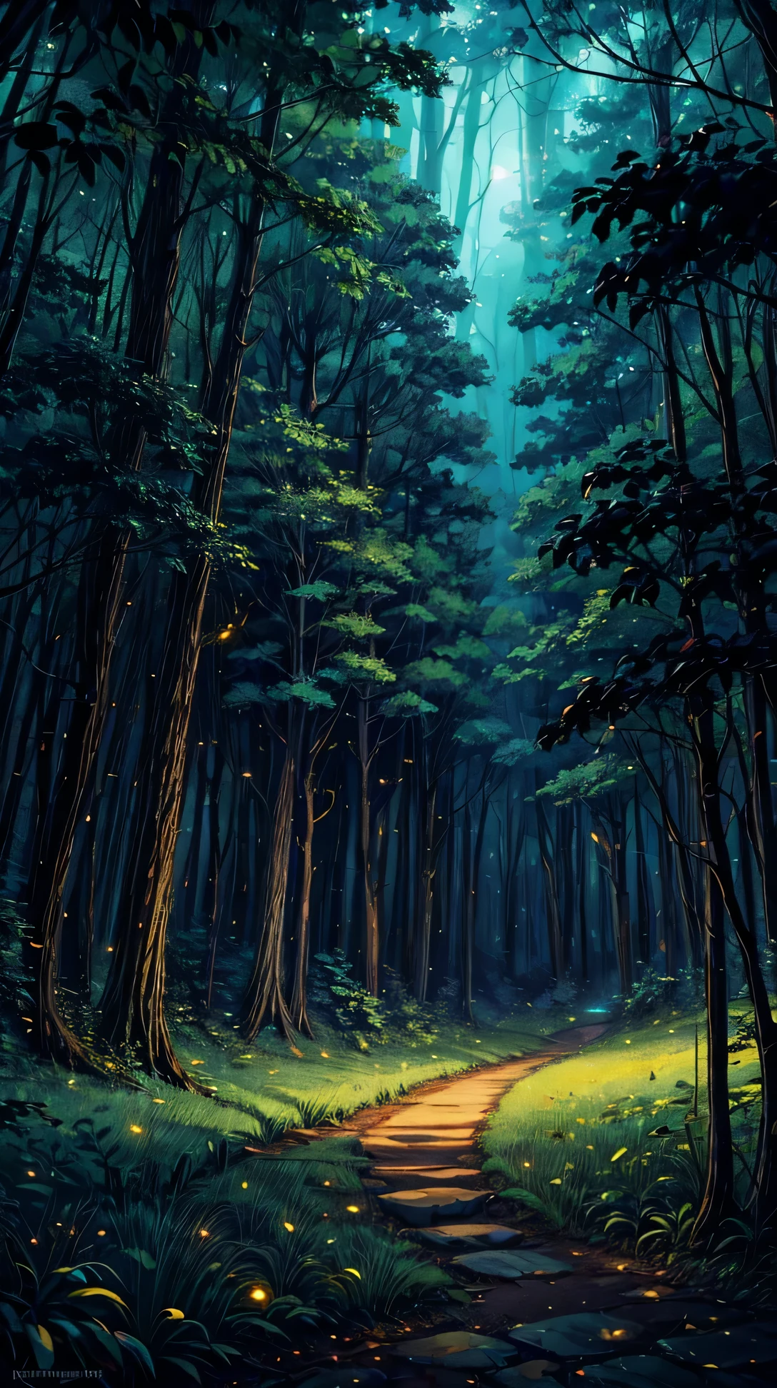 (landscape), A dense forest illuminated by fireflies, their light flickering through the leaves.