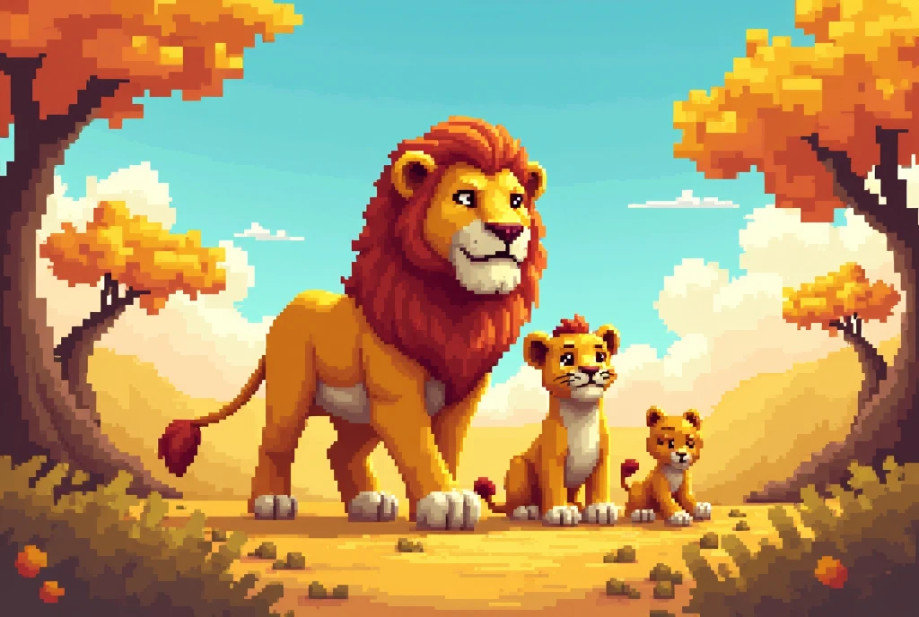 pixelated family of lions, proud father lion with flowing golden mane, sleek mother lioness, energetic lion cub playing, Lego Universe environment, vibrant Lego bricks in warm yellow and orange tones, blocky Lego trees, hills, bright blue sky made of pixelated Lego pieces, simplified yet expressive facial expressions and body movements, capturing family bond, pixelated light, warm inviting atmosphere with dynamic shadows, vintage retro pixel art style, vibrant colors, smooth animations, family unity in playful blocky world