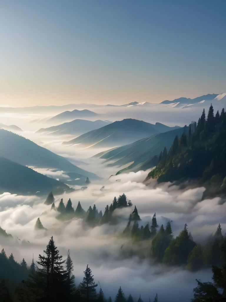 a view of a foggy valley with trees and mountains in the background, a matte painting by Neil Blevins, flickr, romanticism, blankets of fog pockets, misty mountains, extremely beautiful and ethereal, blanket of fog, valley mist, misty forest, mists, mist in valley, rolling fog, fog rolling in, stunning nature in background, misty and foggy, foggy forest