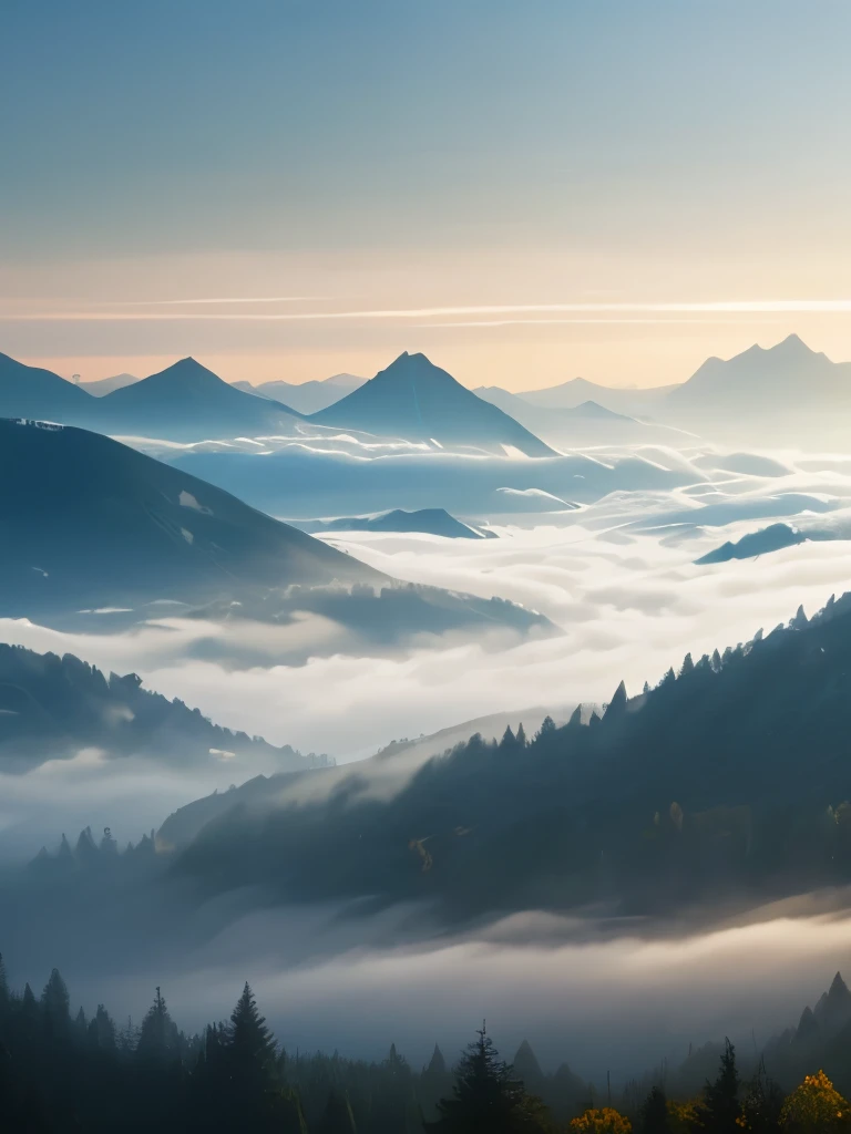 a view of a foggy valley with trees and mountains in the background, a matte painting by Neil Blevins, flickr, romanticism, blankets of fog pockets, misty mountains, extremely beautiful and ethereal, blanket of fog, valley mist, misty forest, mists, mist in valley, rolling fog, fog rolling in, stunning nature in background, misty and foggy, foggy forest