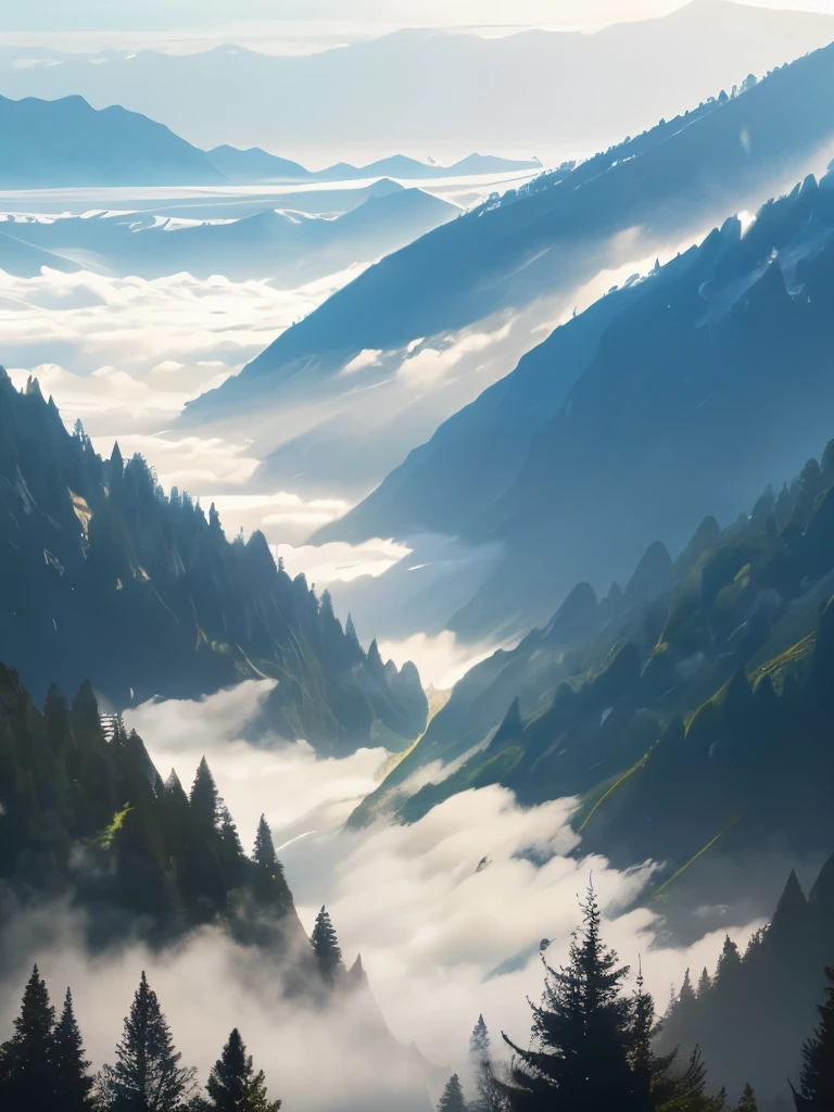 a view of a foggy valley with trees and mountains in the background, a matte painting by Neil Blevins, flickr, romanticism, blankets of fog pockets, misty mountains, extremely beautiful and ethereal, blanket of fog, valley mist, misty forest, mists, mist in valley, rolling fog, fog rolling in, stunning nature in background, misty and foggy, foggy forest