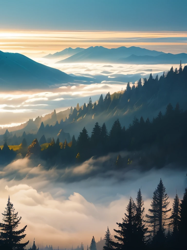 a view of a foggy valley with trees and mountains in the background, a matte painting by Neil Blevins, flickr, romanticism, blankets of fog pockets, misty mountains, extremely beautiful and ethereal, blanket of fog, valley mist, misty forest, mists, mist in valley, rolling fog, fog rolling in, stunning nature in background, misty and foggy, foggy forest