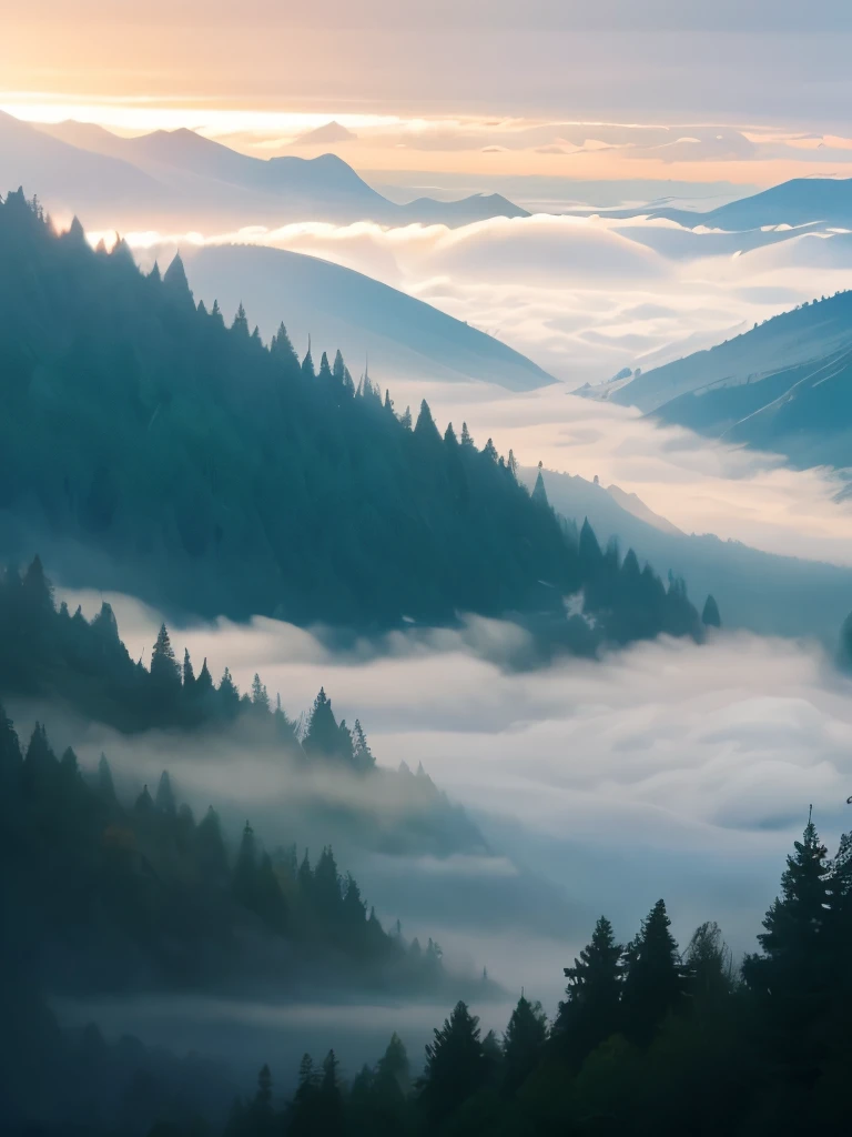 a view of a foggy valley with trees and mountains in the background, a matte painting by Neil Blevins, flickr, romanticism, blankets of fog pockets, misty mountains, extremely beautiful and ethereal, blanket of fog, valley mist, misty forest, mists, mist in valley, rolling fog, fog rolling in, stunning nature in background, misty and foggy, foggy forest