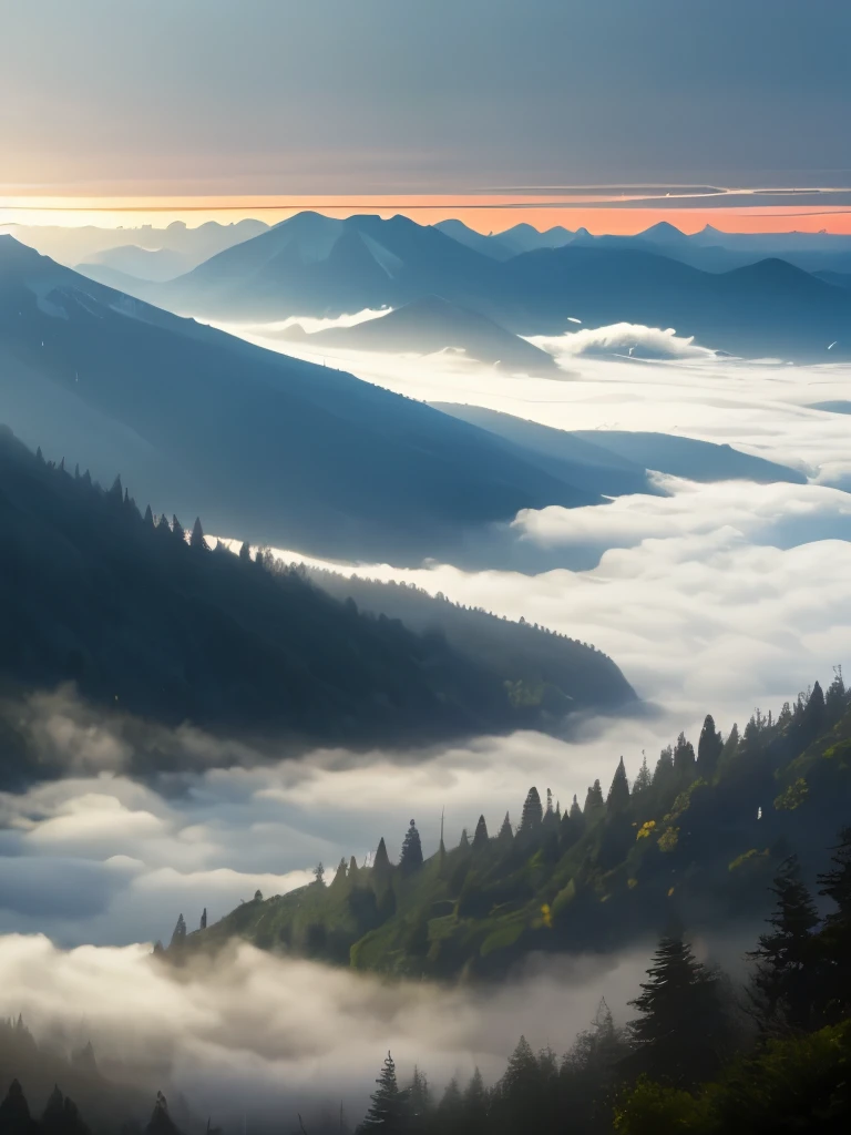 a view of a foggy valley with trees and mountains in the background, a matte painting by Neil Blevins, flickr, romanticism, blankets of fog pockets, misty mountains, extremely beautiful and ethereal, blanket of fog, valley mist, misty forest, mists, mist in valley, rolling fog, fog rolling in, stunning nature in background, misty and foggy, foggy forest