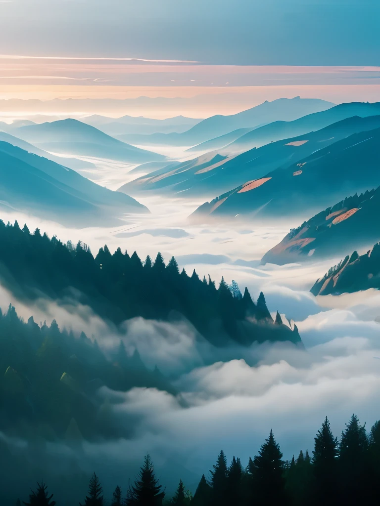 a view of a foggy valley with trees and mountains in the background, a matte painting by Neil Blevins, flickr, romanticism, blankets of fog pockets, misty mountains, extremely beautiful and ethereal, blanket of fog, valley mist, misty forest, mists, mist in valley, rolling fog, fog rolling in, stunning nature in background, misty and foggy, foggy forest