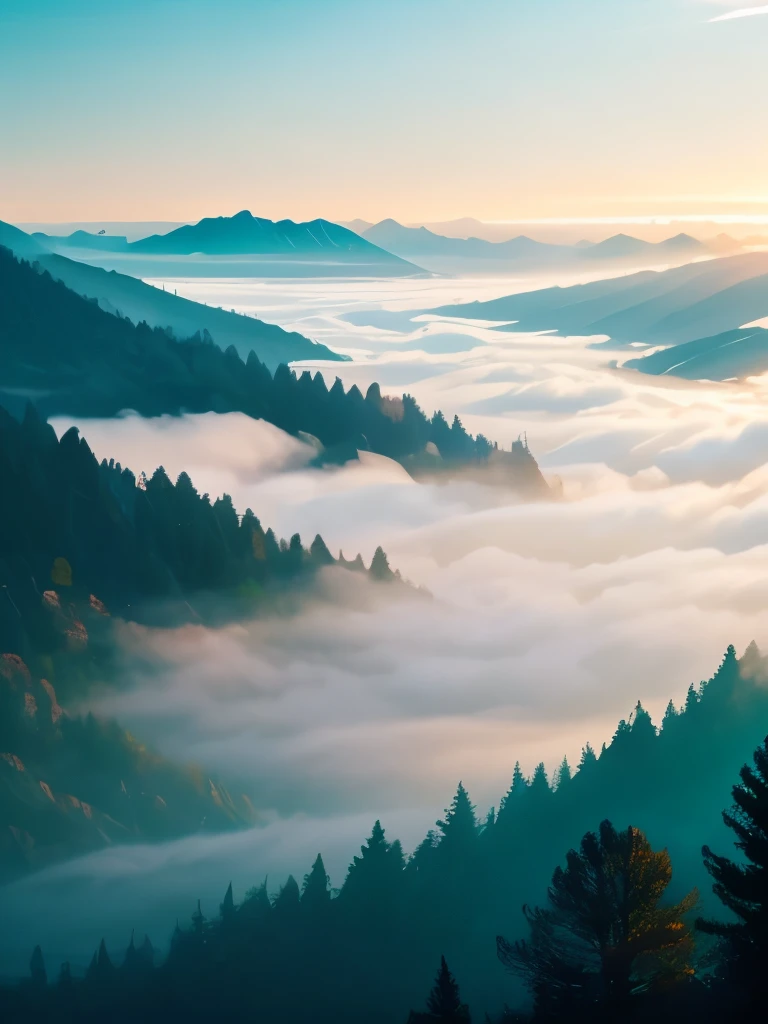 a view of a foggy valley with trees and mountains in the background, a matte painting by Neil Blevins, flickr, romanticism, blankets of fog pockets, misty mountains, extremely beautiful and ethereal, blanket of fog, valley mist, misty forest, mists, mist in valley, rolling fog, fog rolling in, stunning nature in background, misty and foggy, foggy forest