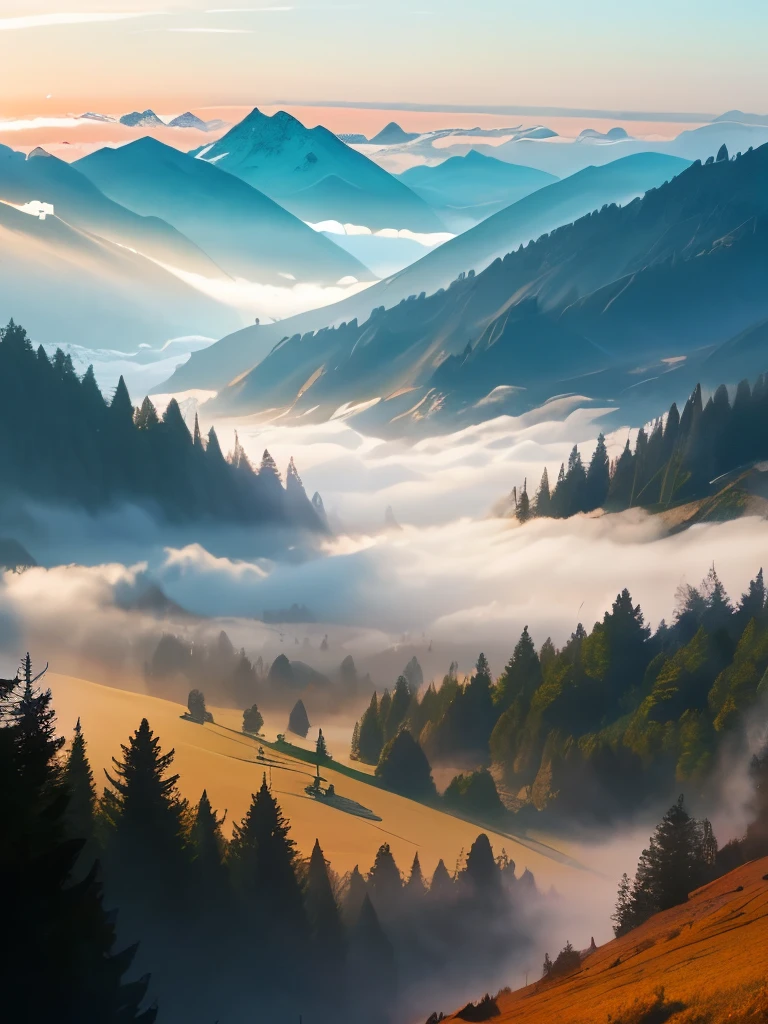 a view of a foggy valley with trees and mountains in the background, a matte painting by Neil Blevins, flickr, romanticism, blankets of fog pockets, misty mountains, extremely beautiful and ethereal, blanket of fog, valley mist, misty forest, mists, mist in valley, rolling fog, fog rolling in, stunning nature in background, misty and foggy, foggy forest