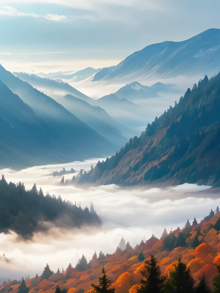 a view of a foggy valley with trees and mountains in the background, a matte painting by Neil Blevins, flickr, romanticism, blankets of fog pockets, misty mountains, extremely beautiful and ethereal, blanket of fog, valley mist, misty forest, mists, mist in valley, rolling fog, fog rolling in, stunning nature in background, misty and foggy, foggy forest