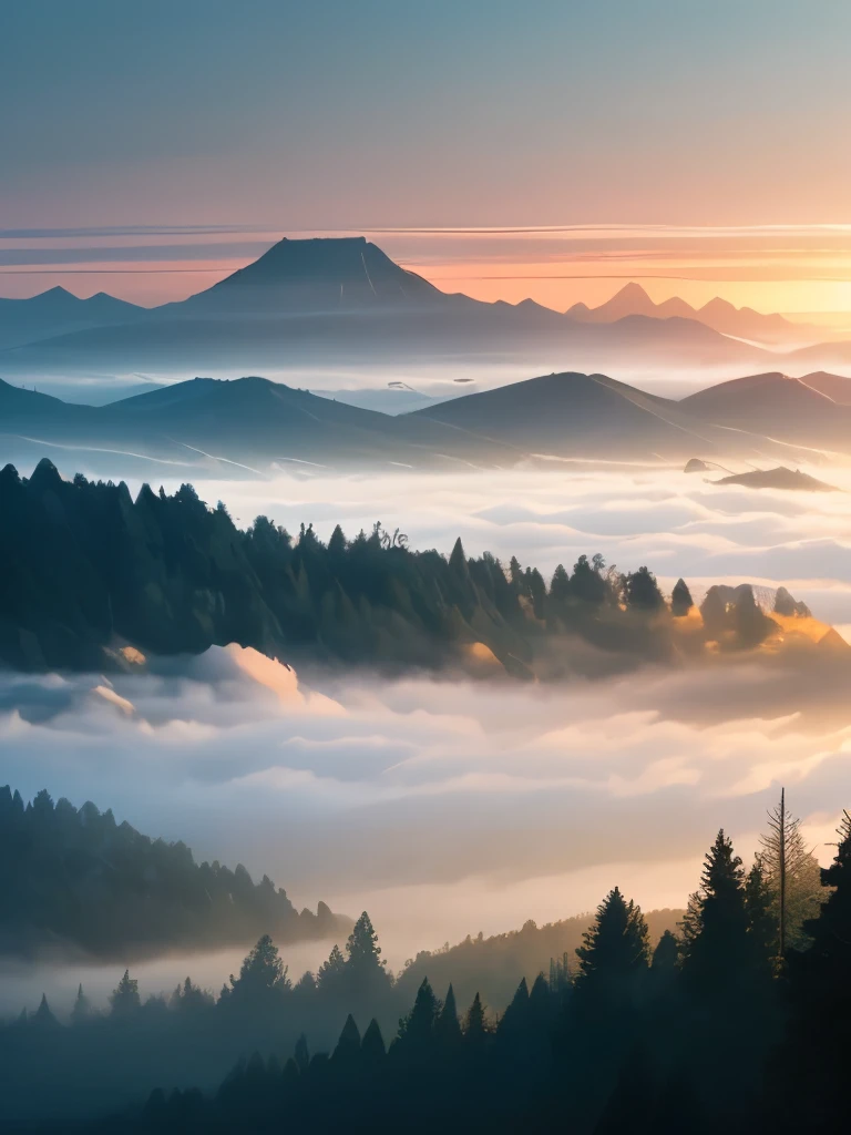 a view of a foggy valley with trees and mountains in the background, a matte painting by Neil Blevins, flickr, romanticism, blankets of fog pockets, misty mountains, extremely beautiful and ethereal, blanket of fog, valley mist, misty forest, mists, mist in valley, rolling fog, fog rolling in, stunning nature in background, misty and foggy, foggy forest