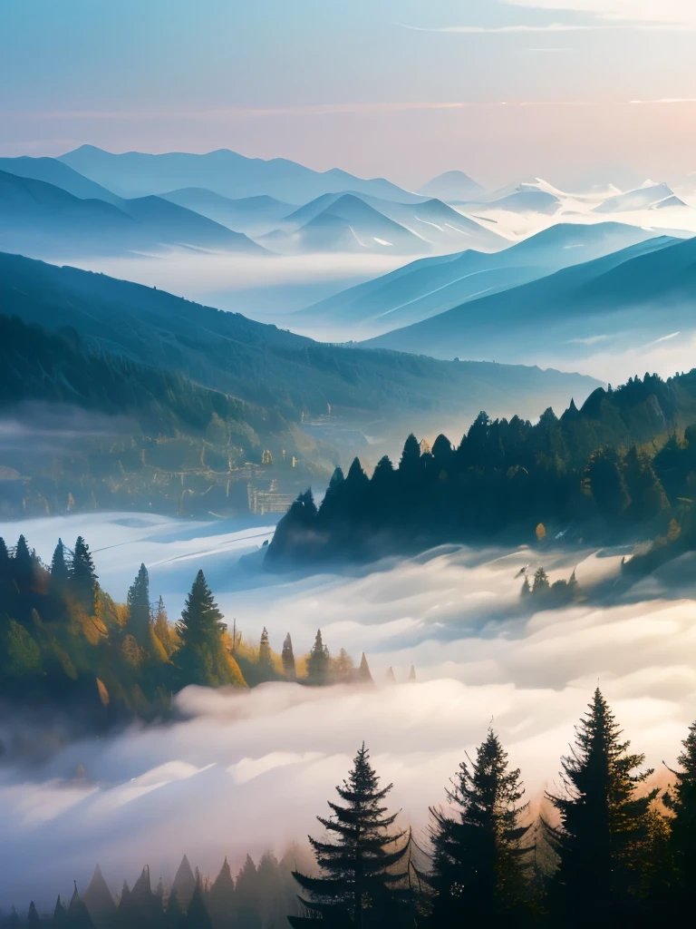 a view of a foggy valley with trees and mountains in the background, a matte painting by Neil Blevins, flickr, romanticism, blankets of fog pockets, misty mountains, extremely beautiful and ethereal, blanket of fog, valley mist, misty forest, mists, mist in valley, rolling fog, fog rolling in, stunning nature in background, misty and foggy, foggy forest