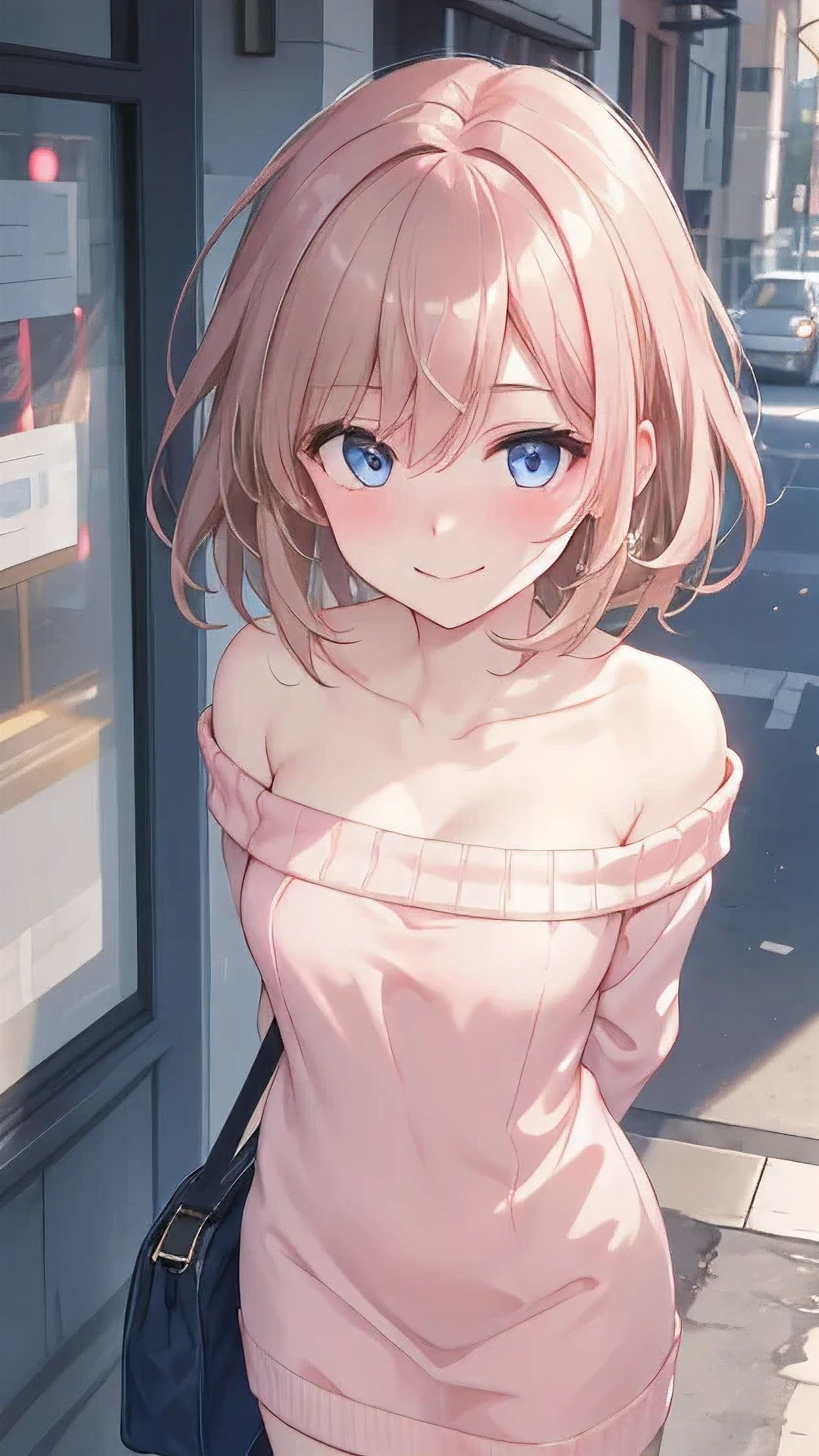 1girl, romantic academia, (masterpiece, best quality, ultra-detailed:1.2), 20yo, short, slender body, pale skin,
big eyes, droopy eyes, (cobalt blue eyes:1.1), light brown hair, {shoulder length hair:1.1}, hairs between eyes, BREAK,
salmon pink sweater dress, bandeau top, long sleeve,
happy, smile, closed mouth, embarrassed, BREAK,
in the morning, in the city, on the street, 
leaning forward, looking at viewer, from above, upper body, arms behind back,