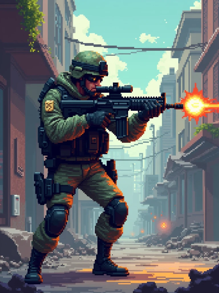 “A retro 2D pixel art video game scene inspired by classic PlayStation One graphics. The screen depicts a fully armed SWAT special forces soldier in a combat camouflage uniform, positioned in a tactical stance. The soldier is mid-action, firing an assault rifle with pixelated muzzle flashes, and detailed combat gear, including a helmet, body armor, and tactical gloves. The scene is set in an urban environment with blocky pixelated buildings, debris, and smoke. The background features low-resolution textures, creating a gritty, immersive atmosphere typical of PS1 games. The soldier’s movements are fluid, using retro-styled animations, while pixelated lighting effects highlight shadows and create depth in the scene. The camera perspective captures the action from a side-scroller angle, with dynamic colors and textures, reminiscent of classic 2D shooter games from the PlayStation One era.”